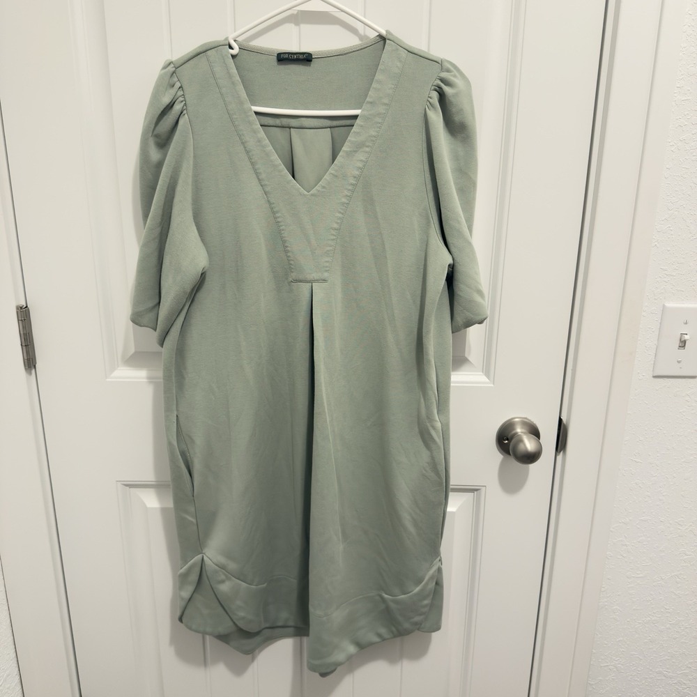For Cynthia Women's Light Green Dress Puff Sleeve Vneck Measurements Listed